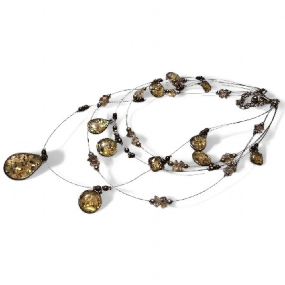 Chicos 4 Strand Teardrop  Crystal Brown & Iridescent Beads 8-1/2"-11-1/2" Drop